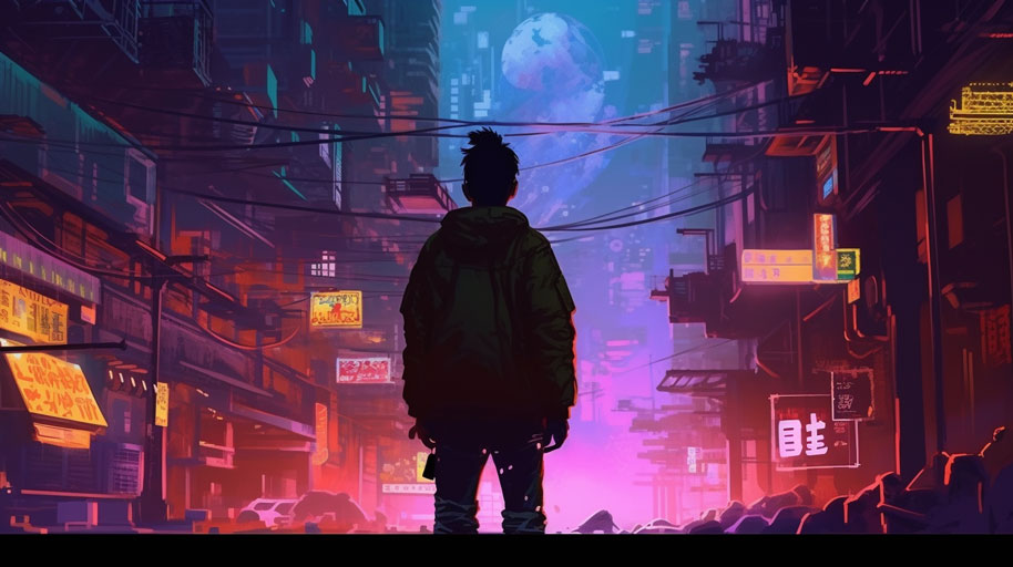 sillhouette of a person standing in front of a cyberpunk city