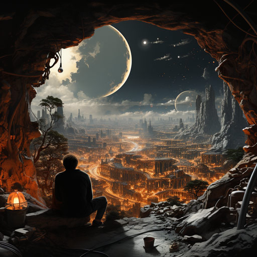 a person sitting inside a cave overlooking a large rocky moon.