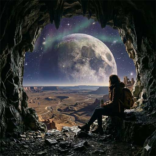 a person sitting inside a cave overlooking a large rocky moon.