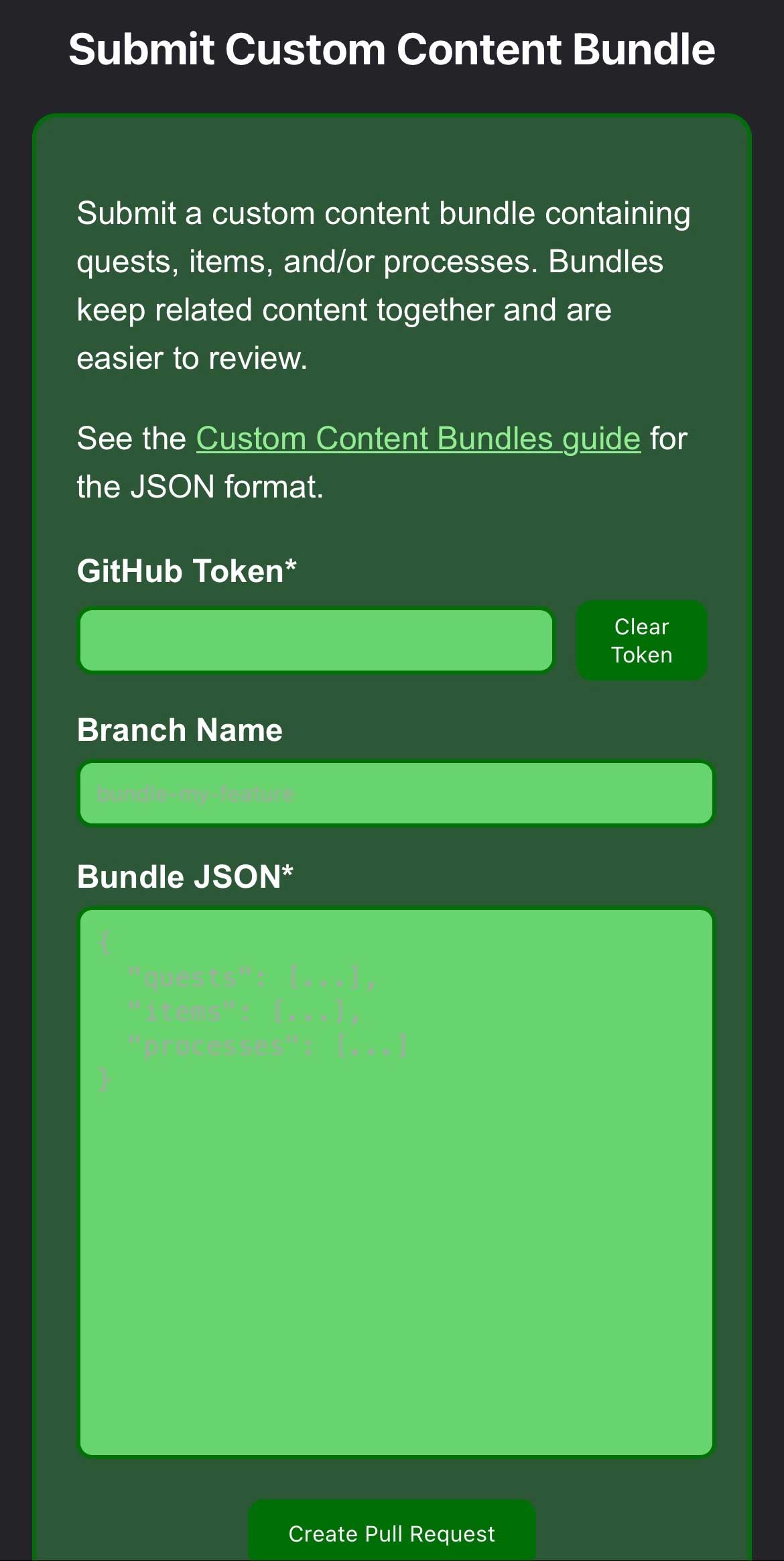 A screenshot of the Custom Content Bundle submission page in DSPACE.