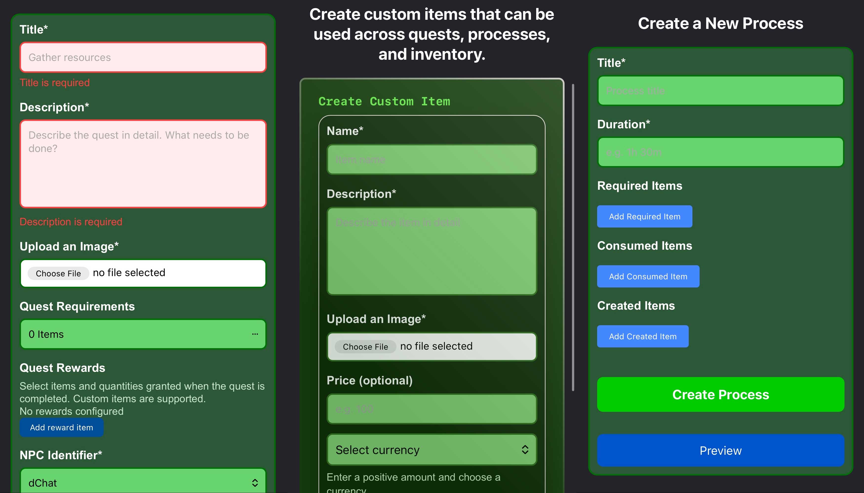 A screenshot showing the forms for creating custom quests, items, and processes, side by side.