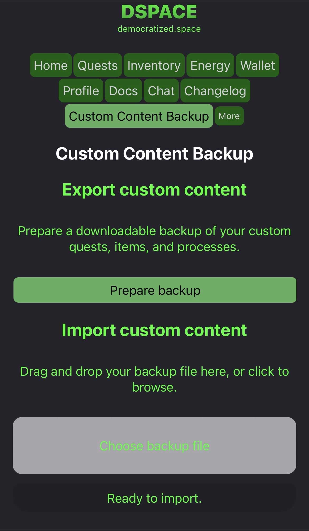 A screenshot of the Custom Content Backup page in DSPACE.